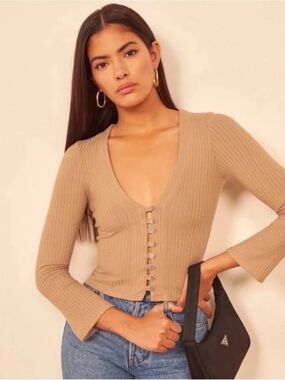 Reformation Ribbed Deep V-Neck Button Front Top Tan Beige XL